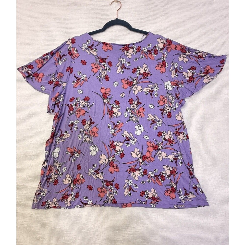 Women’s 2XL Blouse Ladies Purple Floral Liz Claiborne Short Sleeve Top Shirt